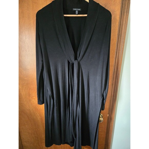 Eileen Fisher Medium Black Tencel Blend Long Belted Duster Cardigan Sweater - Picture 1 of 10